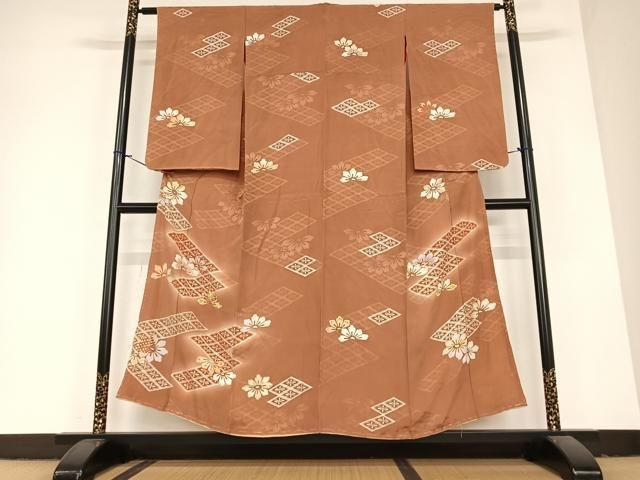 平和屋着物●アンティーク 大正ロマン 訪問着 駒刺繍 花菱文 暈し染め 金彩 正絹 AABA0425zg