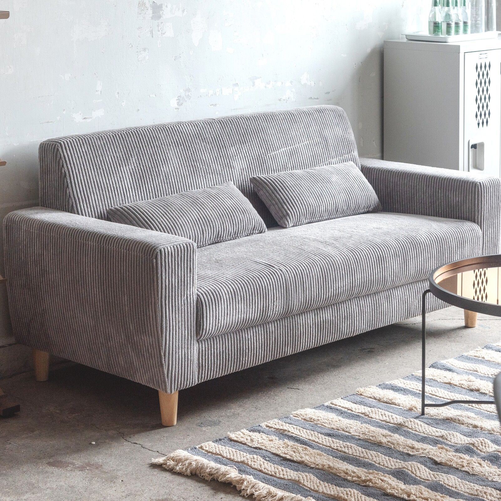 ２人掛 コーデュロイ ソファ 幅163cm 肘掛け デザインソファ 脚取り外し ロータイプ