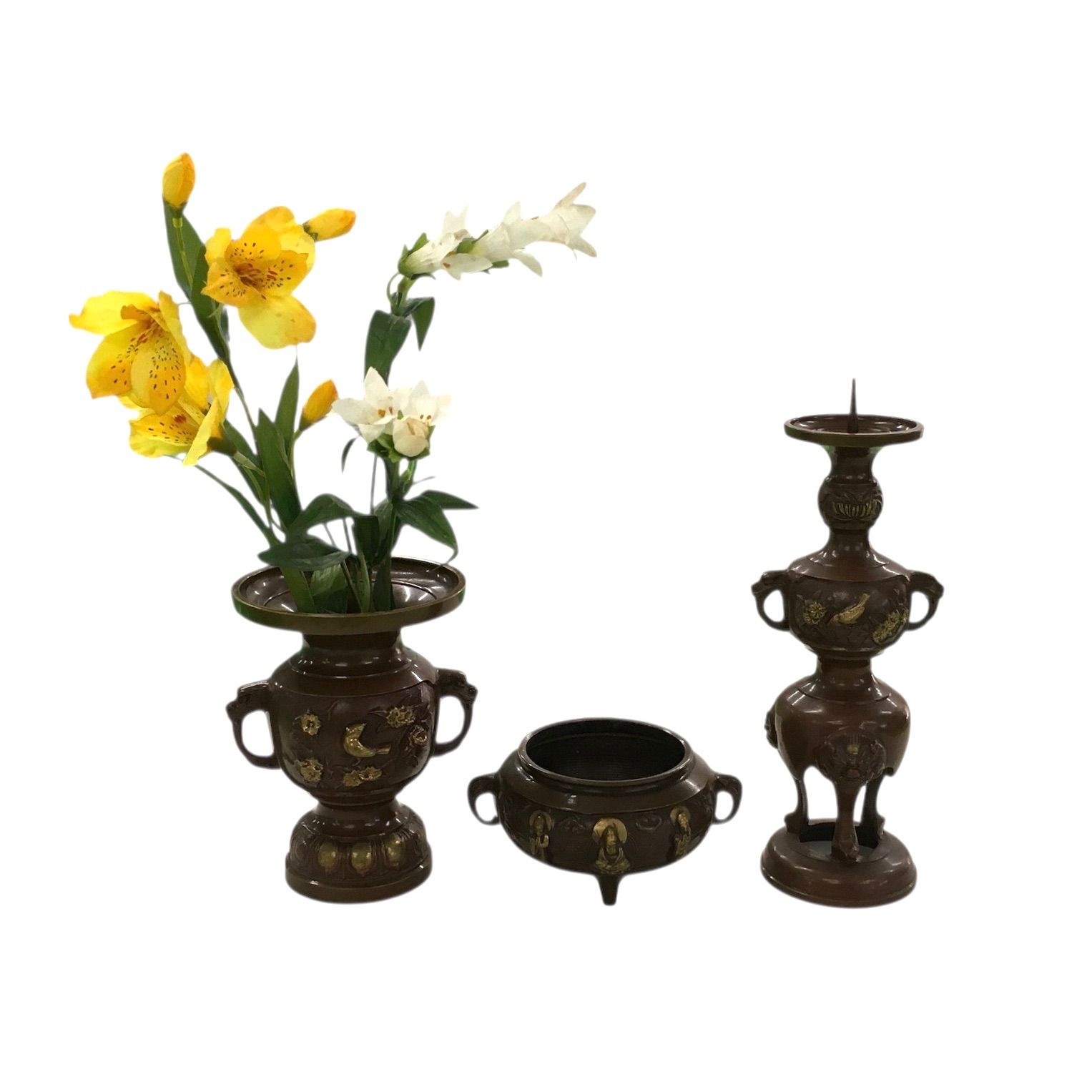 三具足 燭台 香炉 花立 総高約23cm 仏壇用造花付き 香炉灰付き 仏具