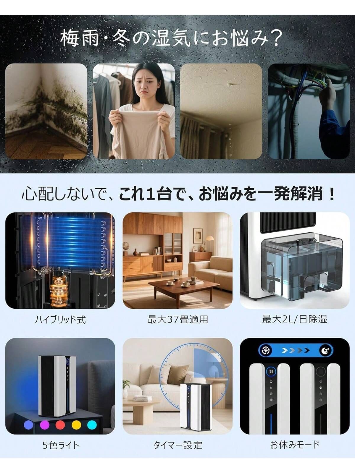 除湿機小型大容量3L除湿量最大2L/日【睡眠モード&ハリブリッド式