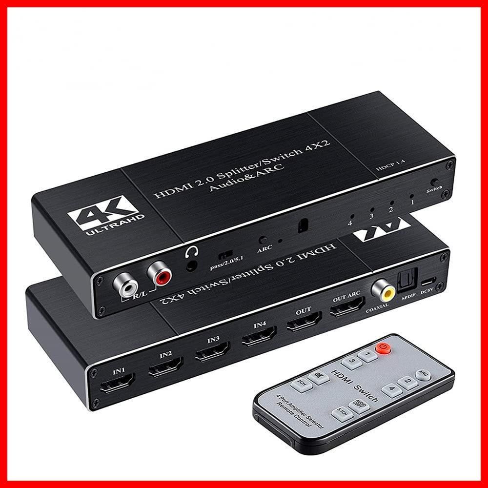 HDMI2.0オーディオおよびARCスイッチ4in 2 out 4x2 HDMIスイッチャースプリッター 3.5mm L|R同軸光ポート IRリモートコントロール付き