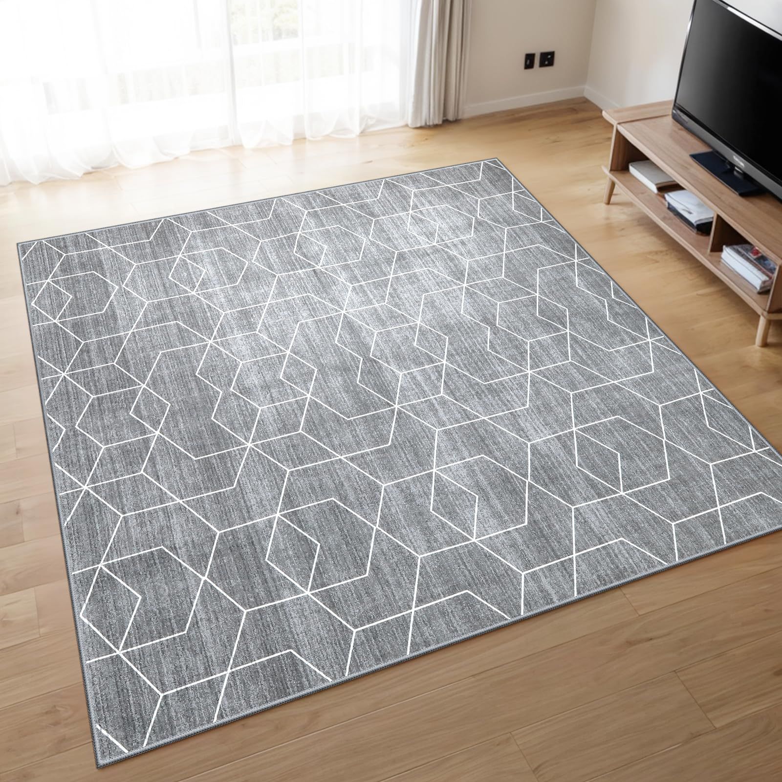 HAOCOO カーペット 夏用 2畳 190х190cm 正方形 ラグ 洗える 北欧風 オールシーズン適用 幾何 滑り止め 床保護 防音 リビング シェニール ラグマット 抗菌防臭 耐磨耗性 ハニカム柄 グレー