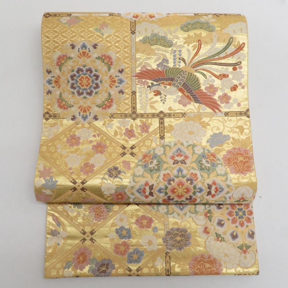 袋帯 正絹 金糸 唐草花に華紋文様 金色x緑色x紫色 六通柄 フォーマル