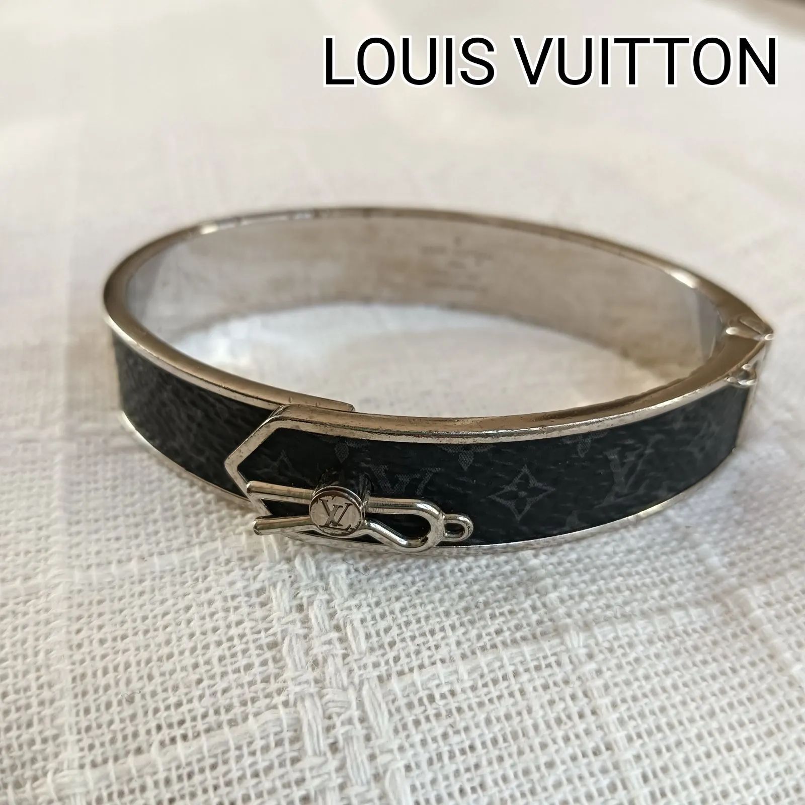 欠損あり LOUIS VUITTON ルイヴィトン ブラスレ ピン ロック M バングル カフ メタル モノグラム エクリプス M68877 シルバー DI0199