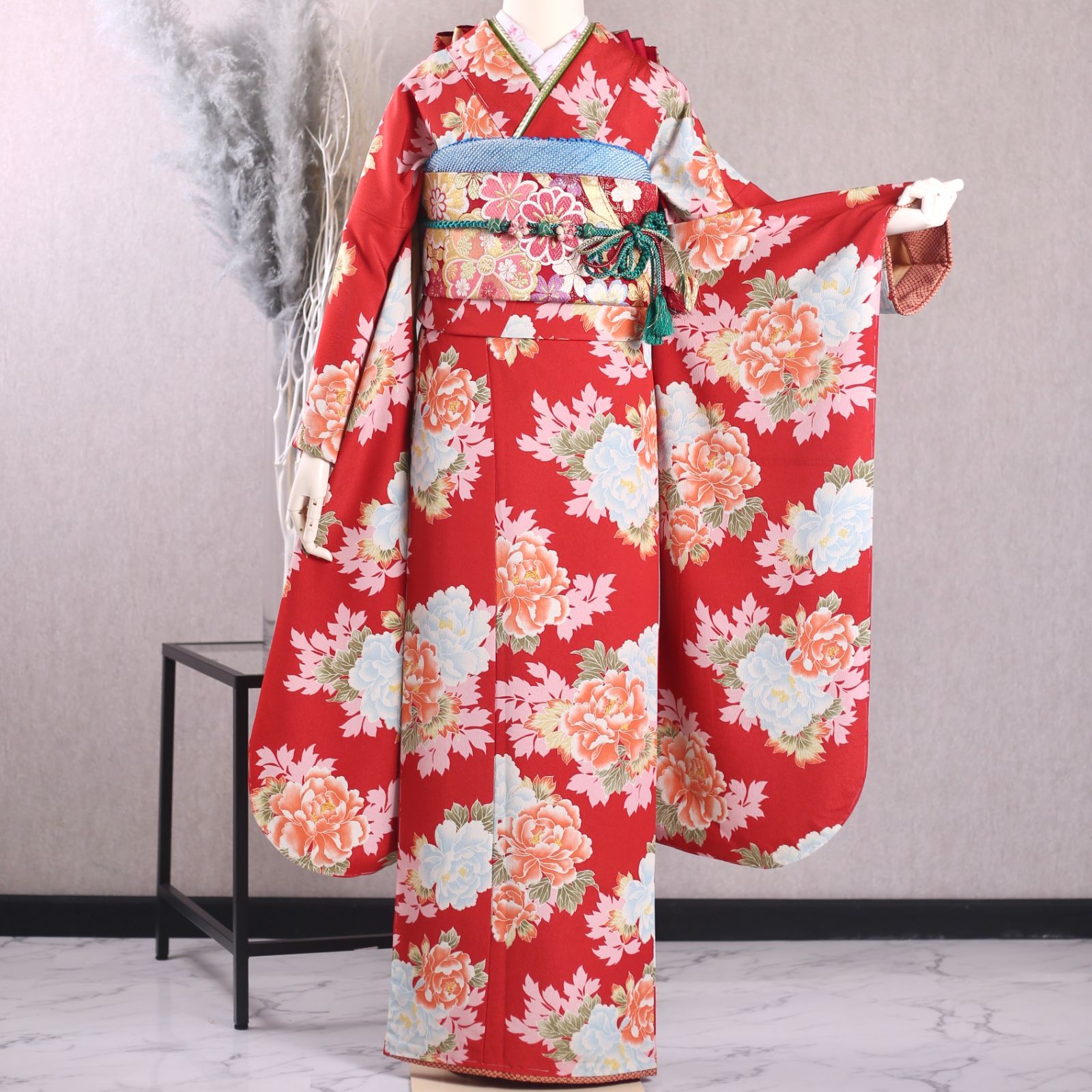 振袖フルセット 振袖セット 振袖 S～Mサイズ 朱赤×ヴィンテージ 美品 成人式 着物 晴れ着 6点セット KFN-95 振袖フルセット 振袖セット 振袖 S〜Mサイズ 朱赤×ヴィンテージ 美品