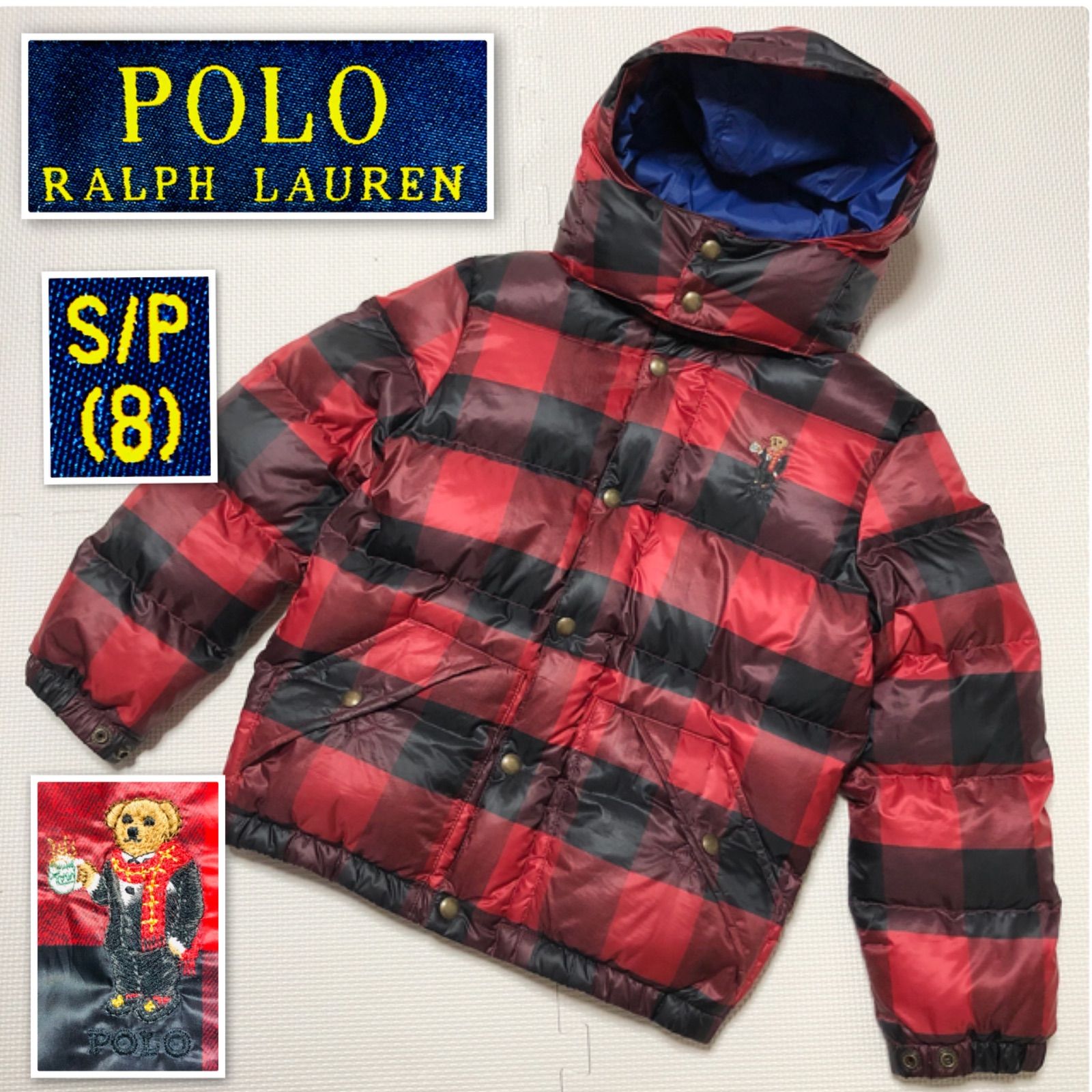 □美品□希少ポロベア□POLO RALPH LAUREN ポロラルフローレン ポロベアー刺しゅう ダウンジャケット フーディー フード チェック柄  キッズサイズ S/P 8 140 (レディースサイズS相当) レッド×ブラック ゴールド金具 - メルカリ