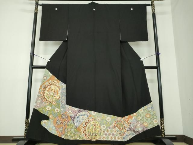 平和屋着物●豪華黒留袖 駒刺繍 正倉院鳳凰更紗花文 金彩 正絹 DAAY1513ps