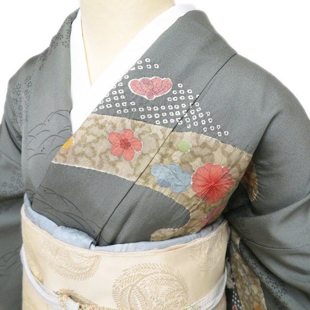 訪問着 着物 中古 正絹 袷 フォーマル 絞り染め 花の図 反端付き 老竹色 多色 身丈161cm 裄68cm M ワイド きもの北條 A1267-8 訪問着 着物 中古 正絹 袷 フォーマル 絞り染め 花の図 反端付き 老竹