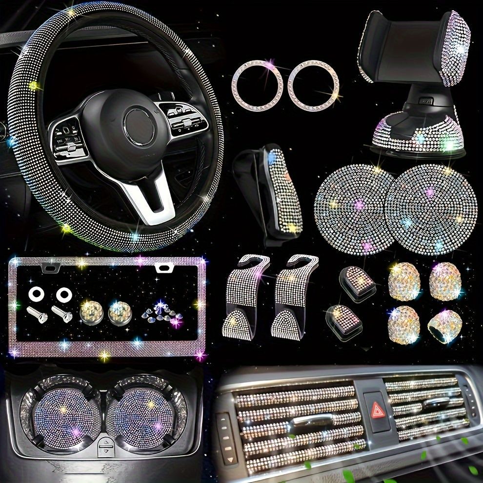 車用品 カーアクセサリー 26点セット キラキラ ラインストーン ステアリングホイールカバー ナンバープレートフレーム 携帯電話ホルダー コースター シートバックフック メガネホルダー 通気口トリム スタートボタンリング ミニマスクホルダー ハンドルカバー