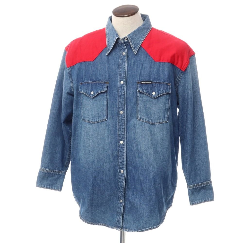 【中古】カルバンクラインジーンズ Calvin klein Jeans オーバーサイズ デニムウエスタンシャツ ブルーxレッド【サイズL】【メンズ】