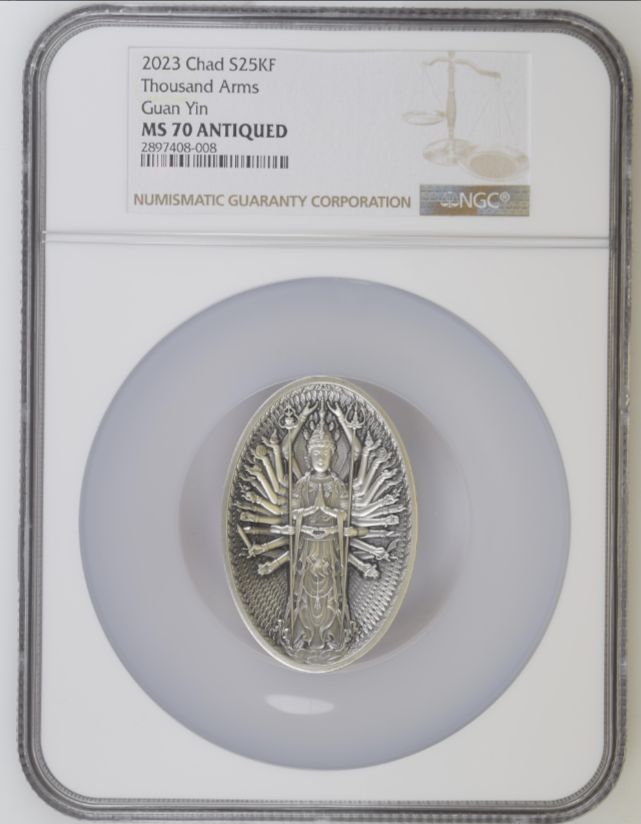 2025 Chad S25KF 5oz Silver Thoand Arms Guan Yin NGC MS 70 Antiqued Mintage 111