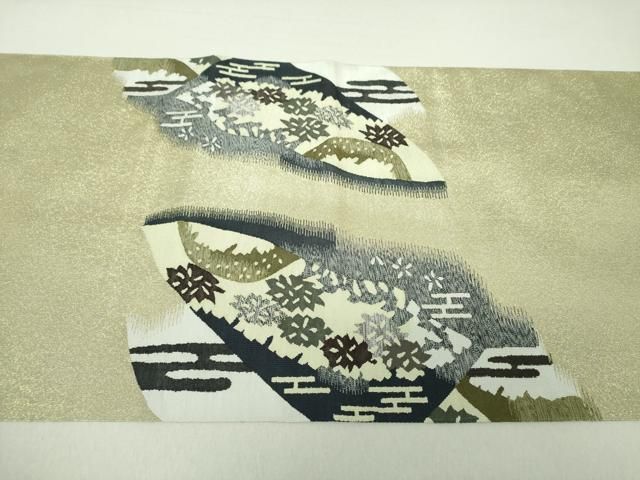 平和屋着物●爪掻き本綴れ　六通柄袋帯　風景花文　金糸　正絹　逸品　未使用　DAAS3634ps 平和屋着物○爪掻き本綴れ 六通柄袋帯 風景花文 金糸 正絹 逸品 未使用