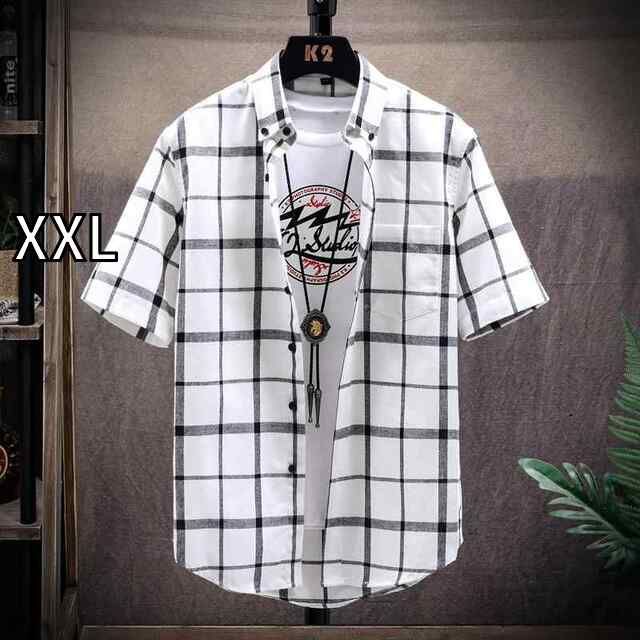 [XXL]メンズ ファッション 服  オシャレ シンプル 大人 かっこいい 大きいサイズ ストリート 紳士服 夏 チェック柄 シャツ 半袖 韓国スタイル カジュアル 服