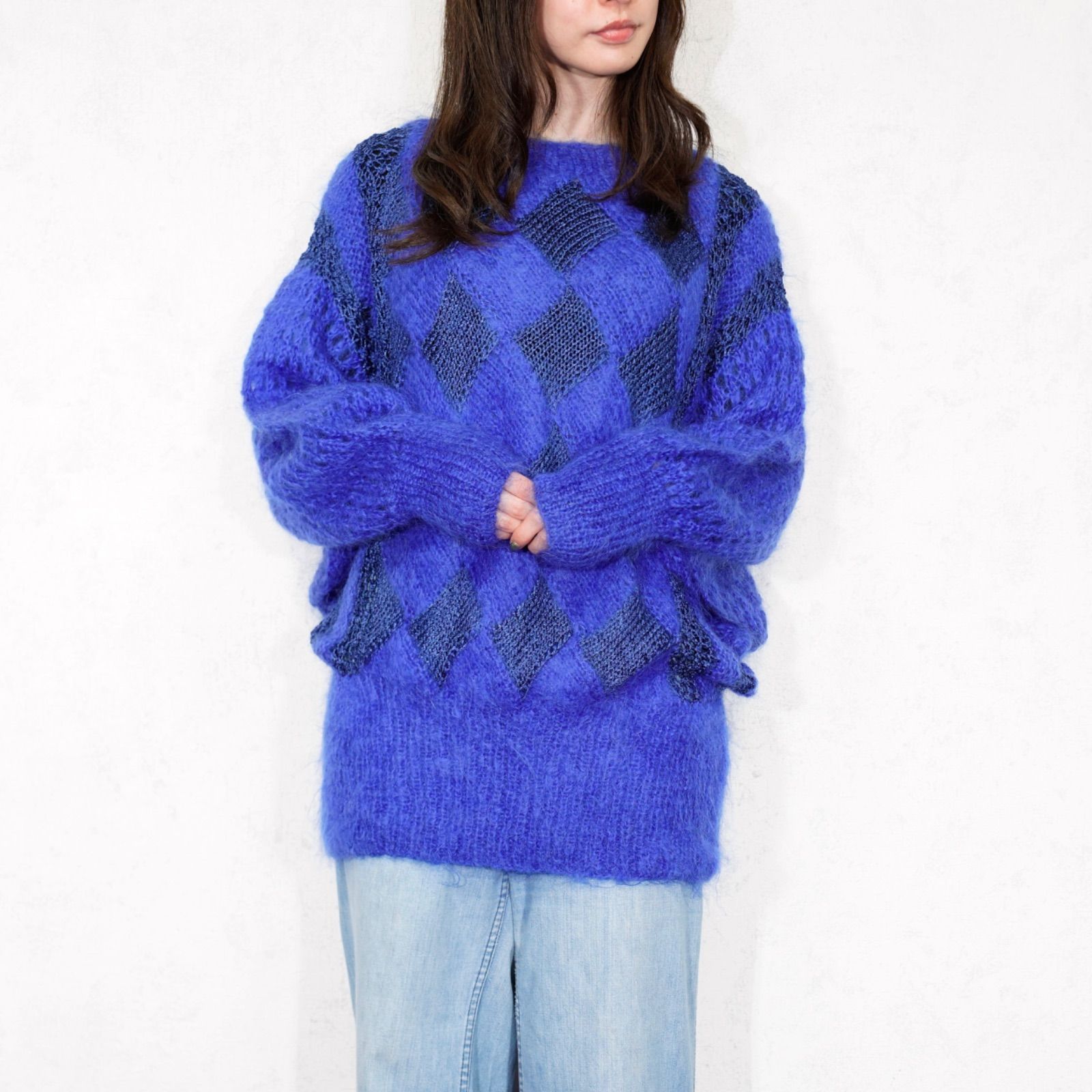 EU VINTAGE DIAMOND PATTERNED CROCHET SWITCHED DESIGN MOHAIR KNIT|ヨーロッパ古着ダイアモンド柄鍵編み切替デザインモヘアニット