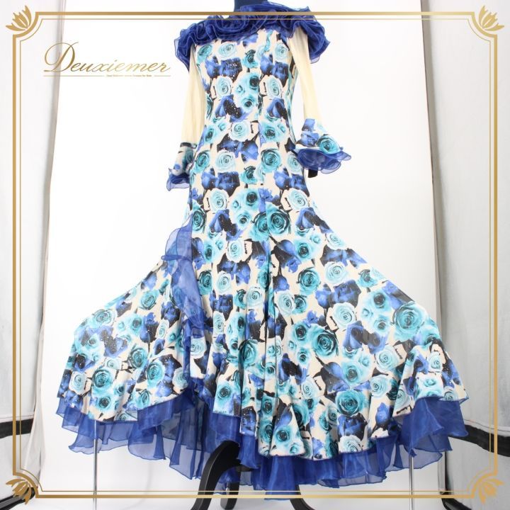 社交ダンス 衣装 ドレス ワンピース レッスンウェア パーティ衣装 女性用 レディース オールシーズン ホワイト系 ブルー系 ICHIOKU イチオク 青 黒 水色 花柄 フラメンコ ドレス 花柄 デザイン エレガント 上品 レッスン 競技会