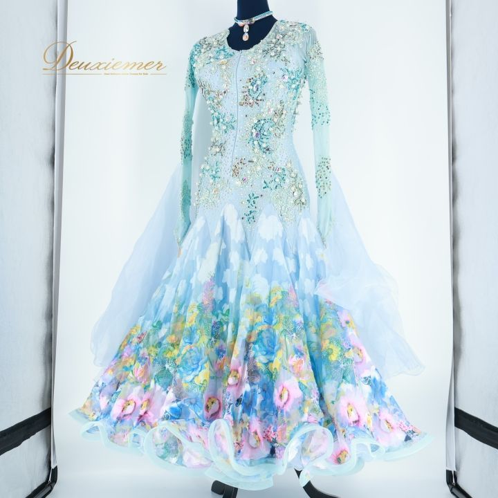 【美品 タグ付き社交ダンス衣装】ワンピース ドレス ACROSS 青 水色 花柄 美品 タグ付き社交ダンス衣装】ワンピース ドレス ACROSS 青