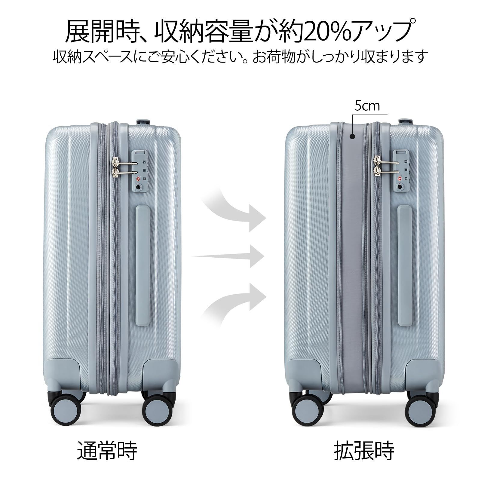 スーツケース 拡張機能付き 機内持ち込み 軽量 Sサイズ キャリーケース 耐衝撃PC材質 静音回転自在ホイール 3～5泊 スーツケース TSAロック搭載 Hanke 旅行 ビジネス 出張 20インチです グレー