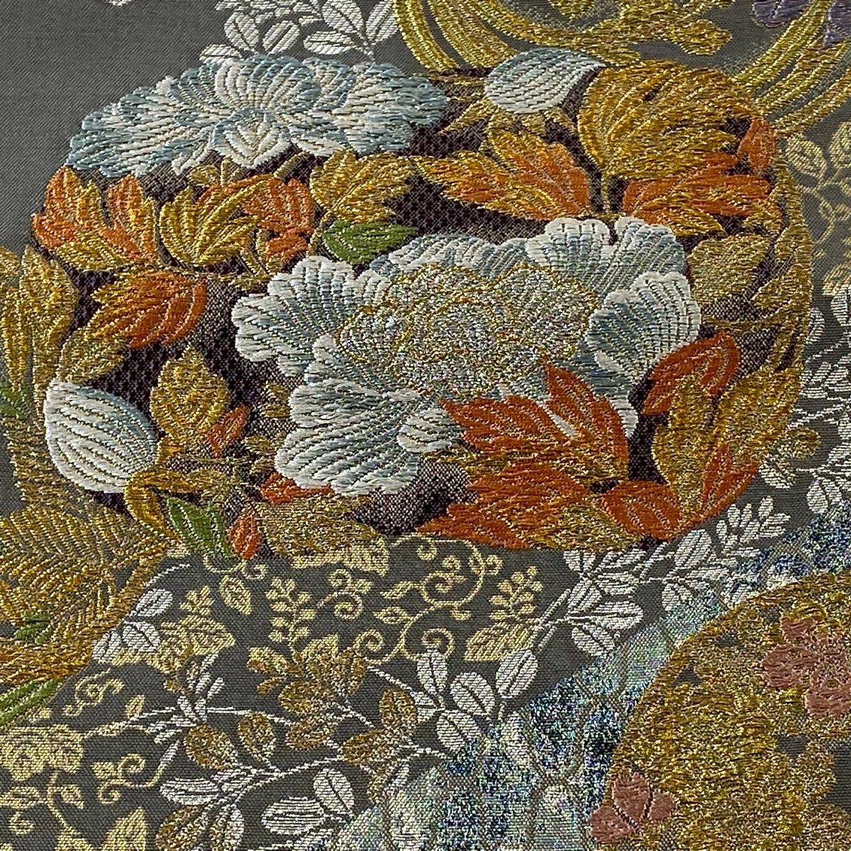 バイセル 着物 名品 袋帯 茶色 蒔絵花丸文 草花 箔 六通 正絹 ☆☆☆☆ 30%OFF 美品 袋帯 秀品 花籠 草花 箔 金糸 ベージュ 六通 正絹 K30