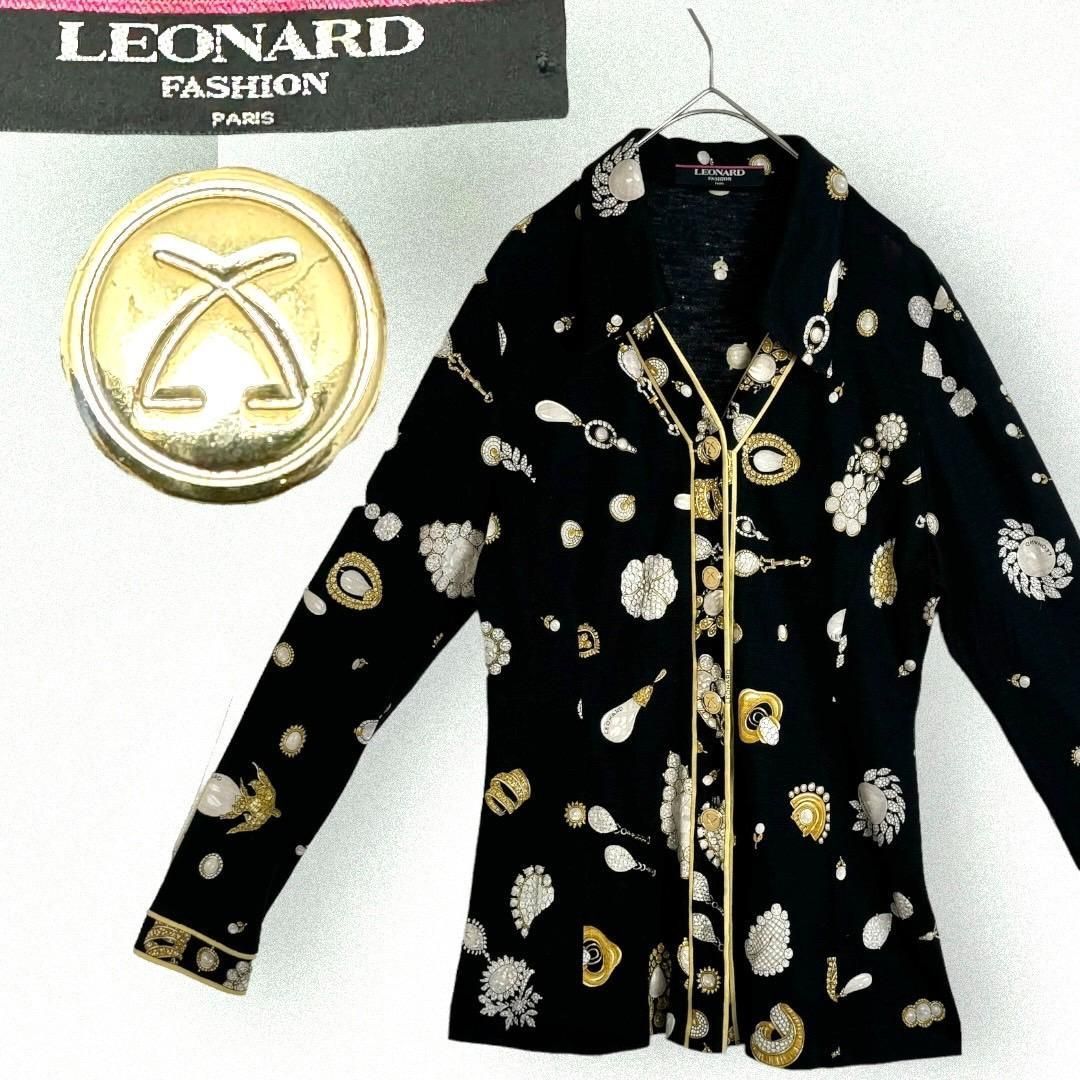 人気デザイン レオナール ブラウス フラワープリント 金ボタン M ブラック