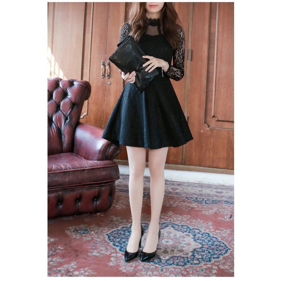 新品 M ノースリーブ フレア ショート 膝丈 細身 韓国風 お嬢様 ワンピース