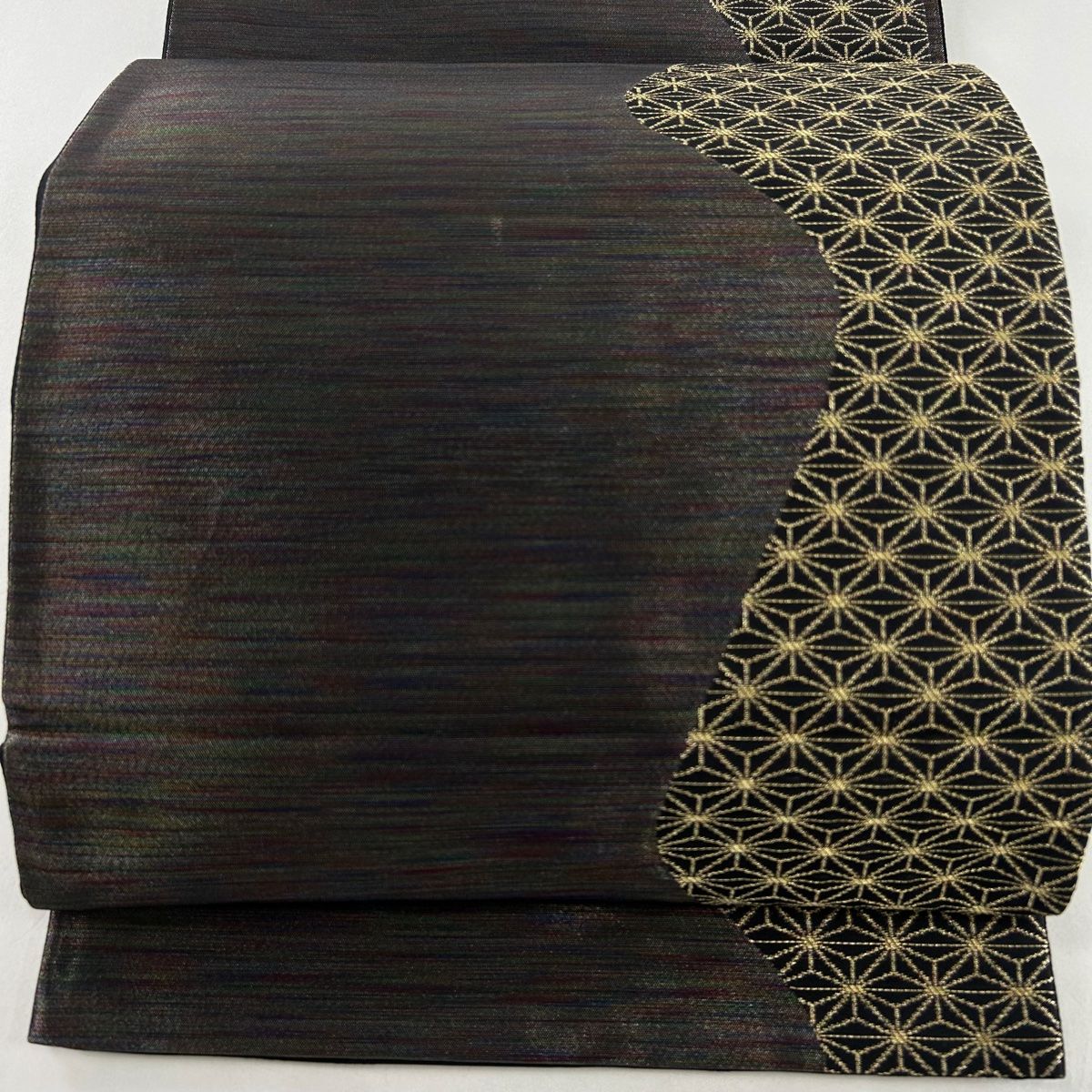 袋帯 名品 斉藤三才 落款 麻の葉 金糸 箔 紫 六通 正絹 【中古