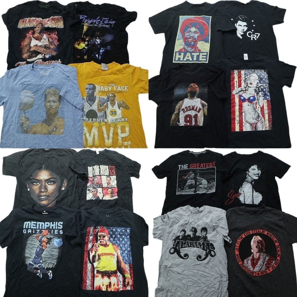 古着卸 まとめ売り 人物 半袖Tシャツ 16枚セット (メンズ S /M ) プリンス 音楽T バスケット選手 マリリンモンロー ブラック グレー MU9365