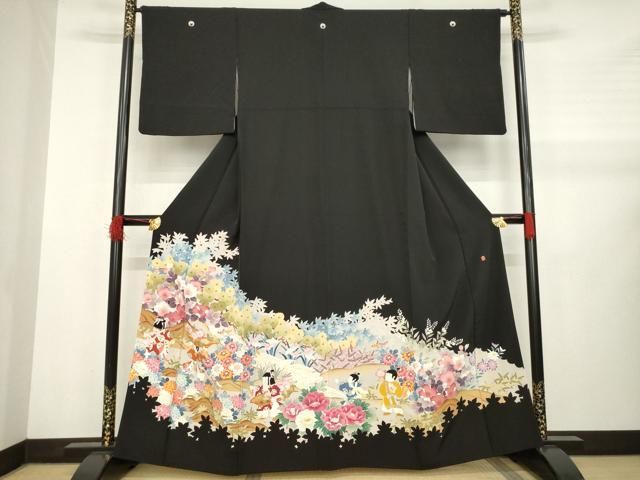 平和屋着物●豪華黒留袖 友禅 作家物 童子 正絹 AABB0466ck