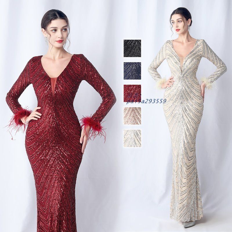ドレス マーメイドドレス パーティードレス 長袖 袖あり キラキラ 二次会 イブニングドレス ウエディングドレス結婚式 ウェディングドレス 発表会 pai5a293559