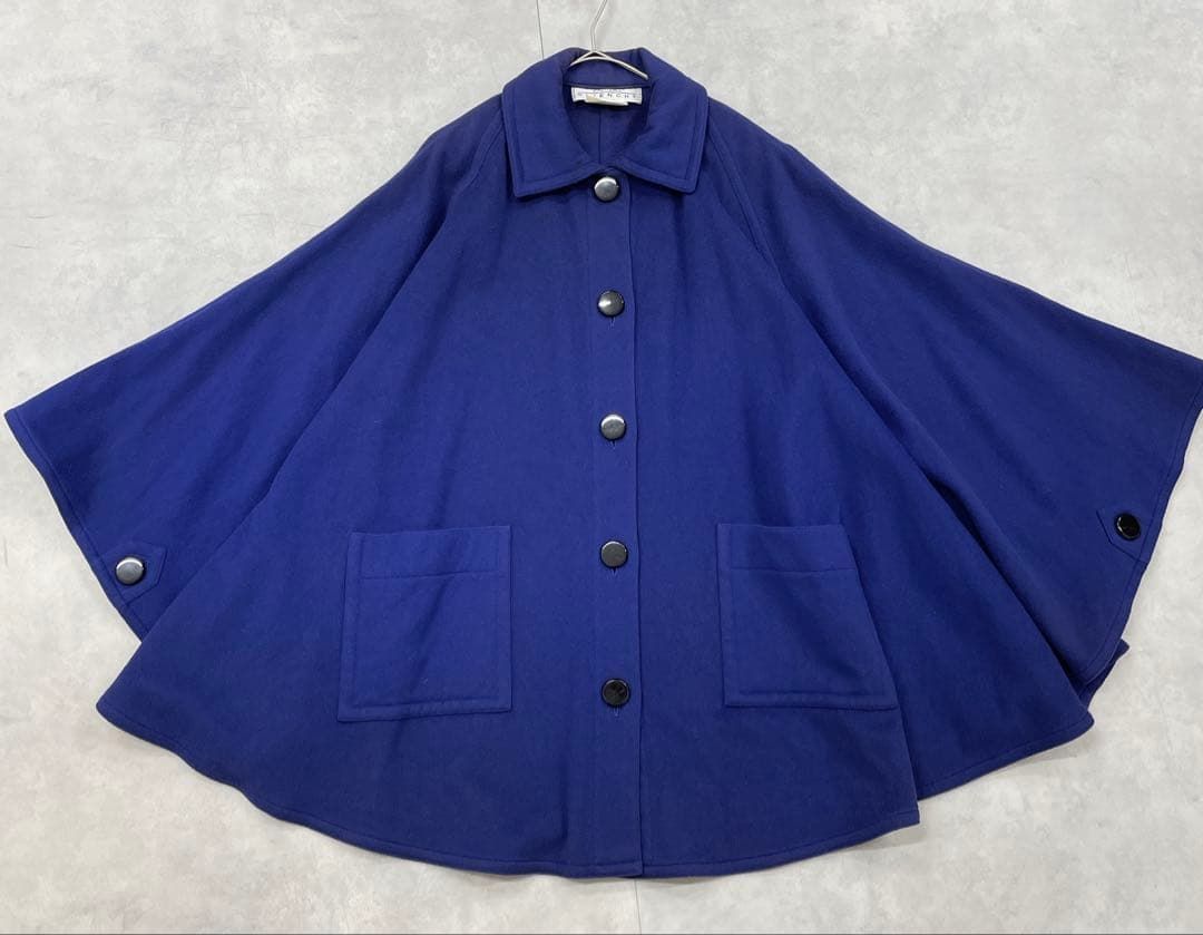 GIVENCHY ジバンシー フランス製 ケープコート ポンチョ カシミヤ ウール ボタン 青 L 40