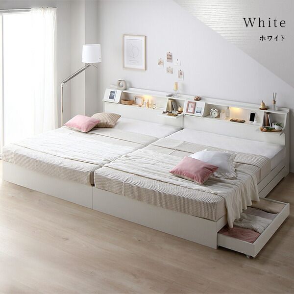 ベッド ワイドキング240（SD+SD） ボンネルコイルマットレス付き ナチュラル 2台セット 収納付き 引き出し付き キャスター付き 木製 宮付き 棚付き コンセン... ベッド ナチュラル ワイドキング240（SD+SD） ボンネルコイル