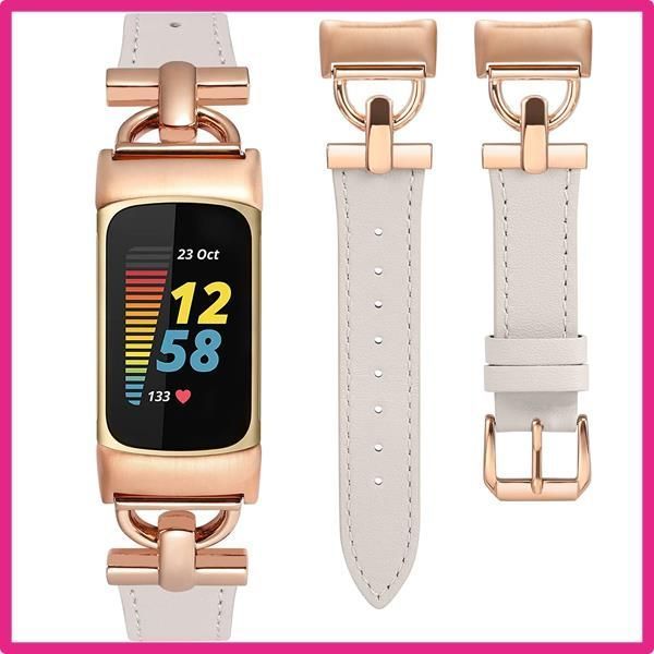 [新品・未使用]Color:スターライト＋ローズゴールド Fitbit Charge6/Charge5バンド フィットビット チャージ6/チャージ5に対応 本革 レザービジネスバンド レディース 女性交換ベルト Charge5可愛いバ