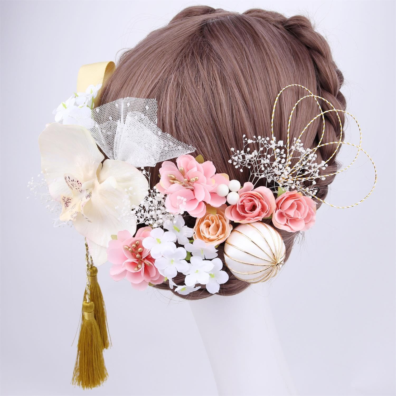髪飾り 成人式 Shop] 卒業式 袴 和装 造花 結婚式 JOMA-E 組紐 水引 金箔 E-Shop] 人気 ロープ 髪飾り販売：成人式・卒業式に！大きいユリに紫の小花や水引をプラス