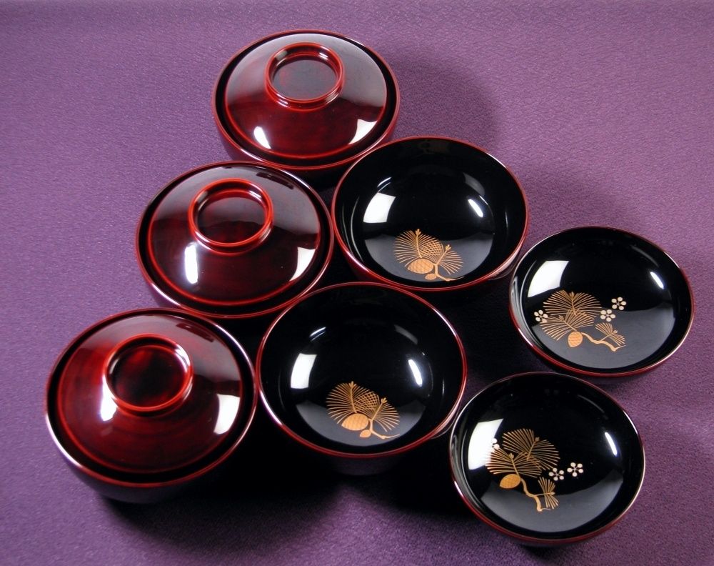 輪島塗 景芳作 見返松鶴蒔絵 吸物椀5客 木製 幅 12.3cm 共箱 25i066