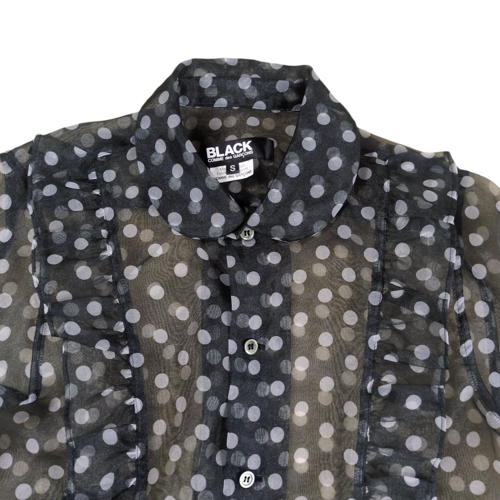 【希少】ブラックコムデギャルソン ポルカドット フリル シースルー 丸襟シャツ BLACK COMME des GARCONS ポルカドット フリル シースルー 丸襟