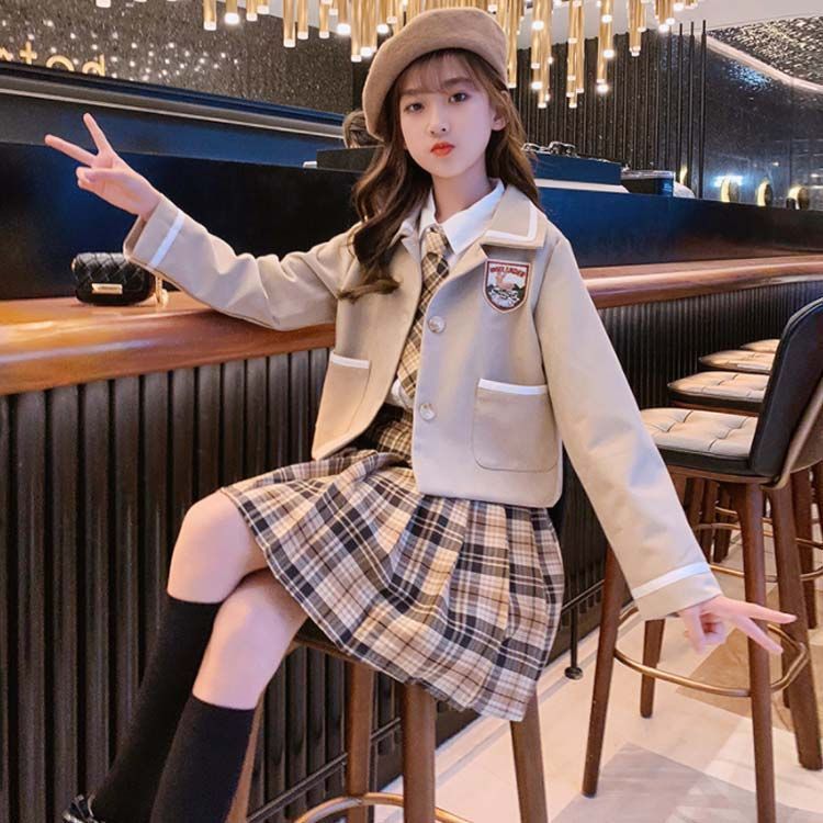 卒業式 學院風 女の子 制服 小学生 子供服 韓国 スクール JK制服 入学式 スーツ フォーマル チェック柄 白シャツ 長袖 スカート 3点セット ブレザー 発表会 フォーマルスーツ 大きいサ welle 594584