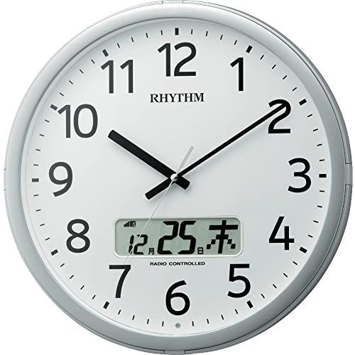 リズム RHYTHM 掛け時計 電波時計 オフィス 24回チャイム機能 時報機能 カレンダー シルバー Φ35×5.5cm オフィス用品 工場 事務所 プログラムカレンダー 01SR 4FNA01SR19