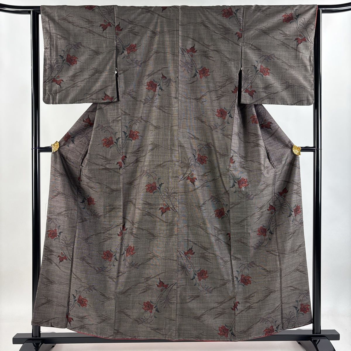 紬 身丈158cm 裄丈63cm S 袷 草花 焦茶色 正絹 秀品