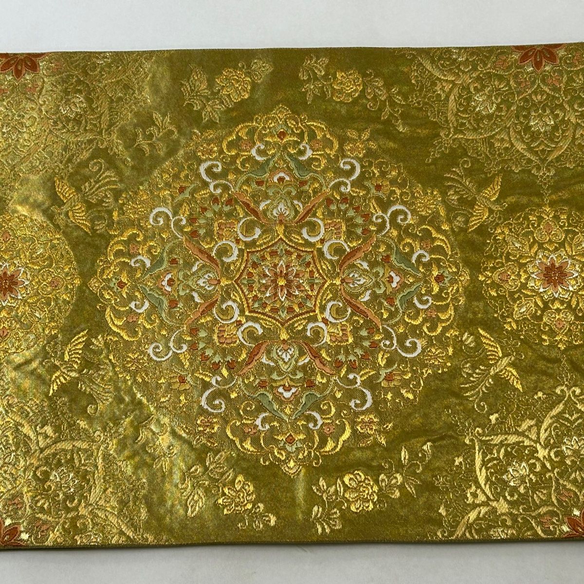 白牡丹 御所車 松 菱形紋様 金帯 正絹 袋帯 二重太鼓 作り帯 京袋帯 正絹 一重太鼓 葉っぱ切り絵 (淡黄) 日本製 並び紋 並紋