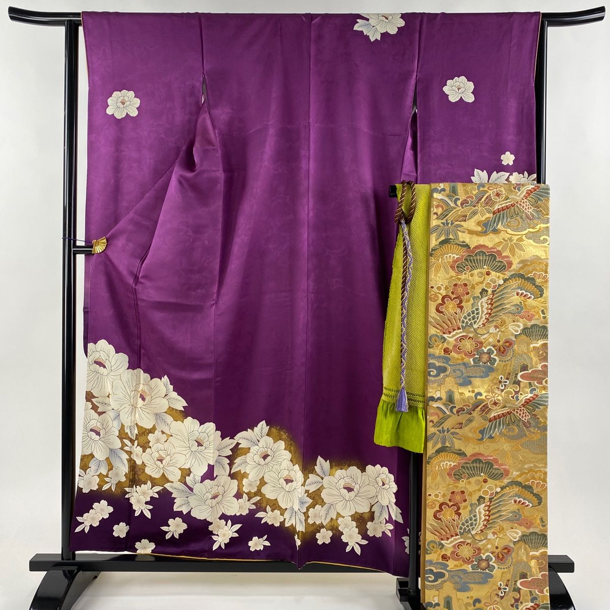 振袖 身丈158.5cm 裄丈64.5cm M 袷 袋帯フルセット 牡丹 桜 金糸 金彩 