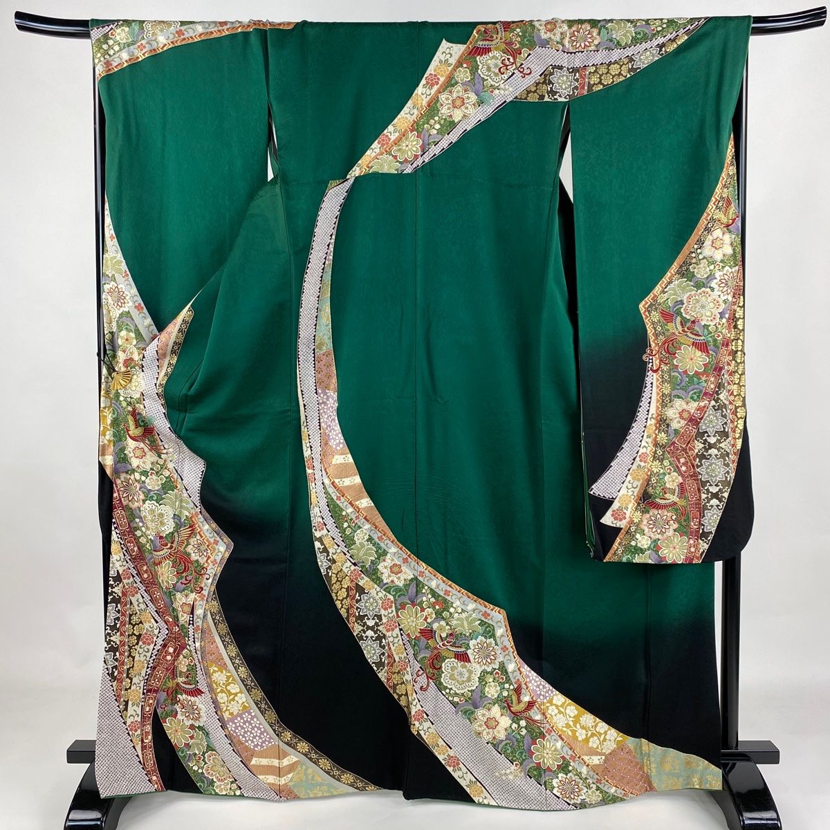 振袖 身丈167cm 裄丈69cm L 袷 鳳凰 華文 金彩 緑 正絹 名品