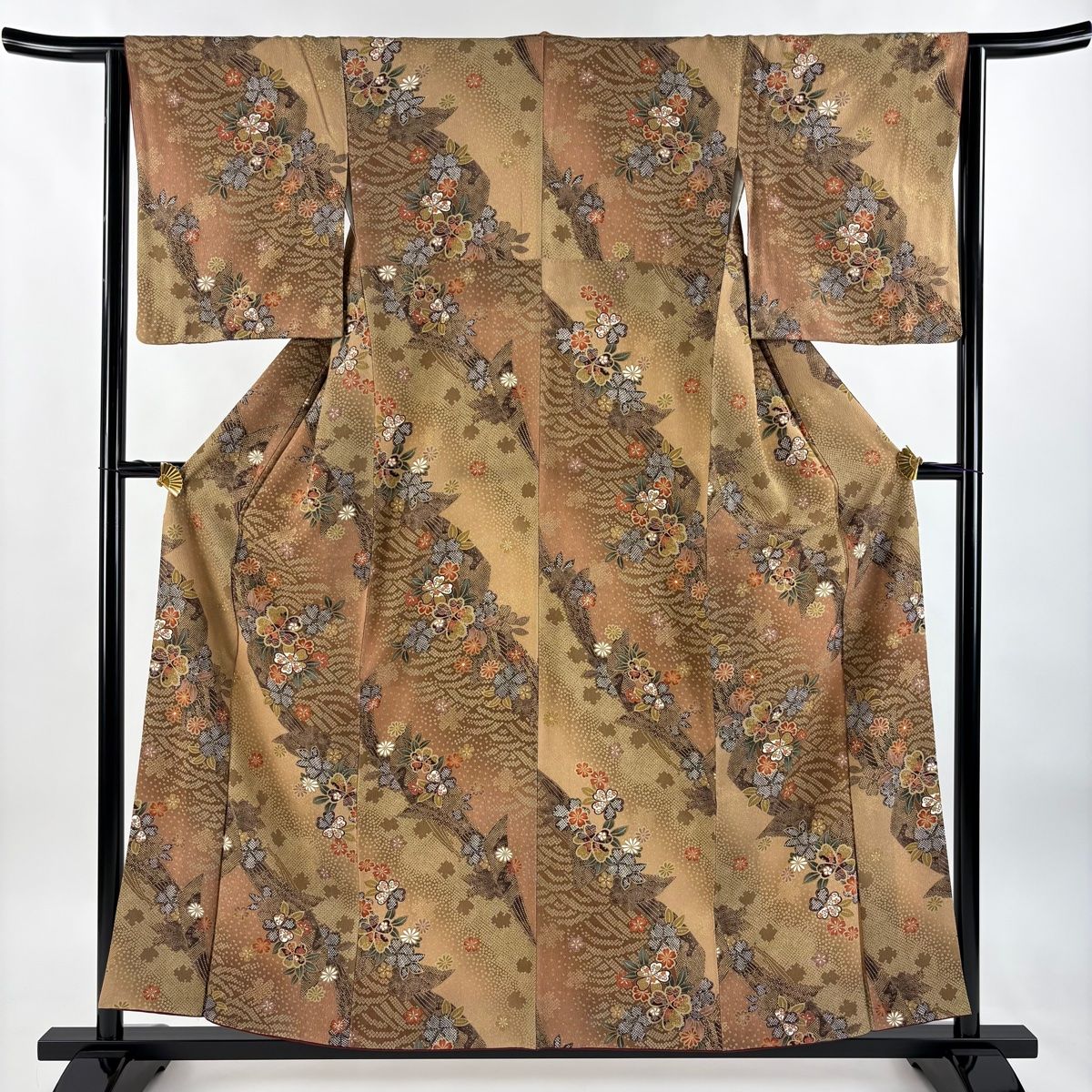 小紋 身丈156.5cm 裄丈63cm S 袷 桜 波 金彩 縮緬 山吹茶色 正絹 秀品