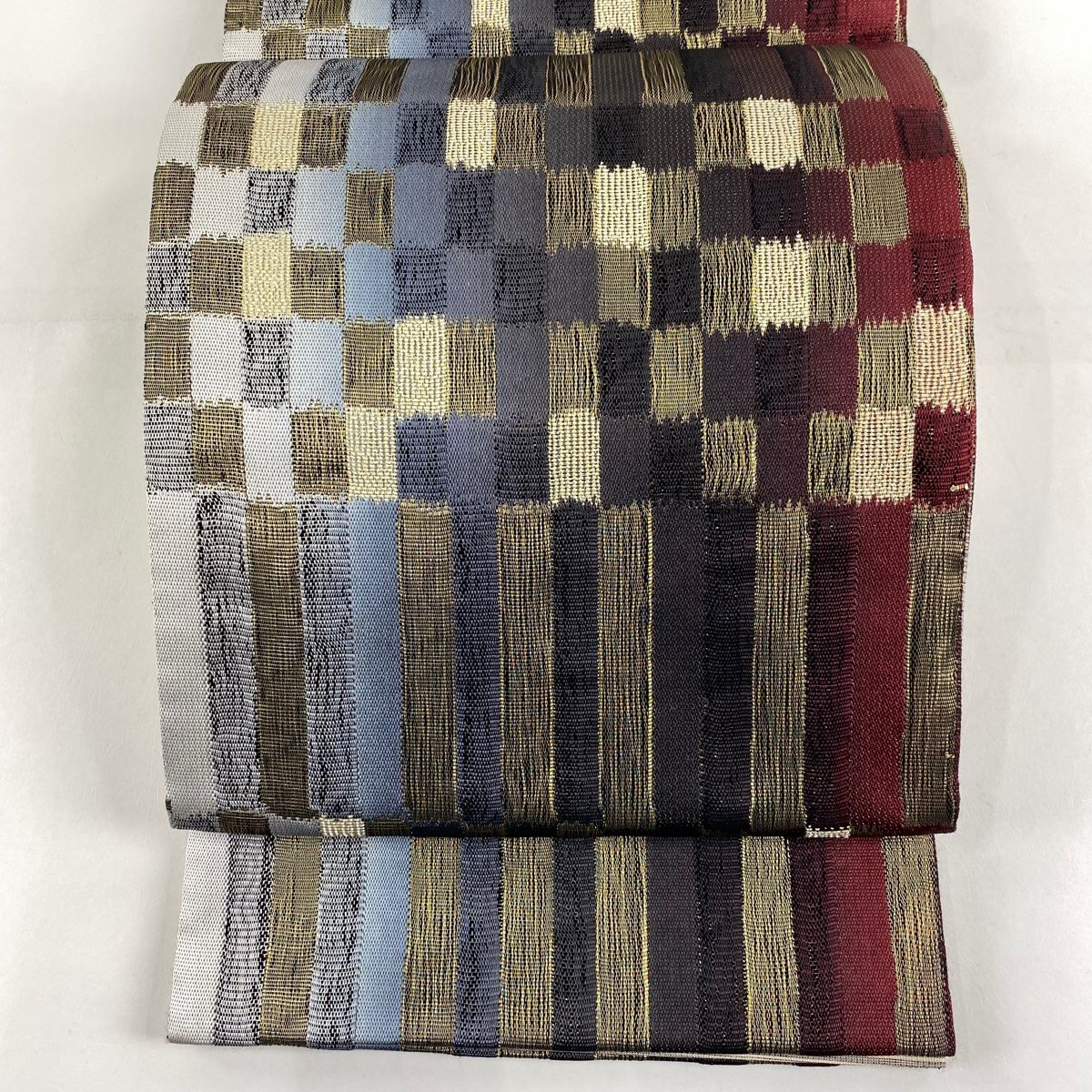 袋帯 秀品 縞 市松 金通し 本泥染 紫 六通 正絹