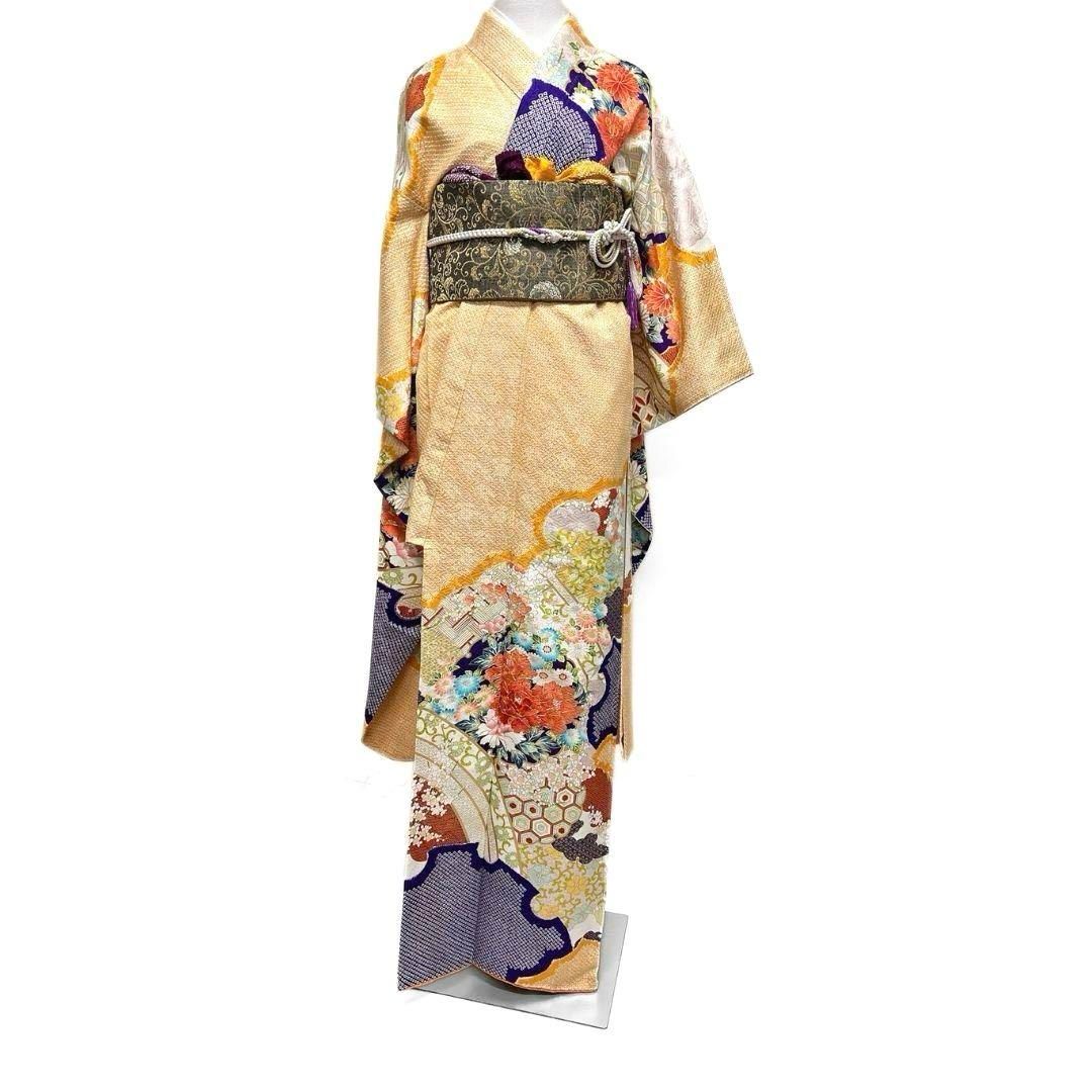 アンティーク 刺繍 菊花 花模様 鹿の子 振袖 成人式日 着物 024a p