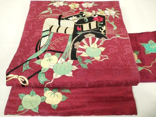 平和屋着物●アンティーク 大正ロマン 九寸名古屋帯 駒刺繍 総刺繍 御所車花文 金糸 正絹 DAAX3369az