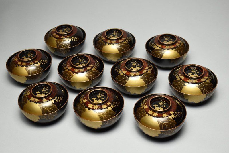 蔵A4224b 時代 蒔絵桐文 吸物椀 汁椀 十客