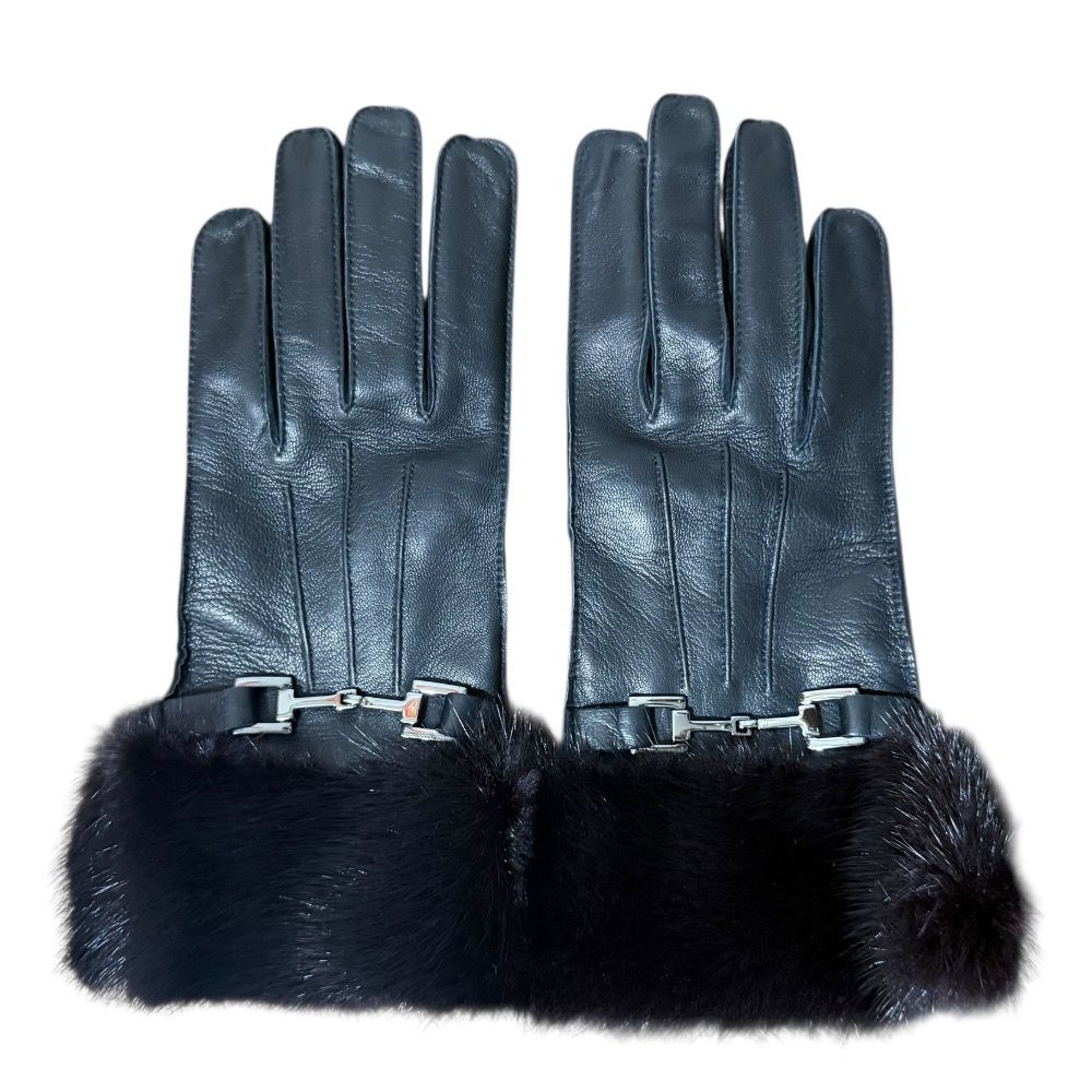 GUCCI グッチ トムフォード期 ミンクファートリム ホースビット グローブ 手袋 7 ブラック レディース 古着