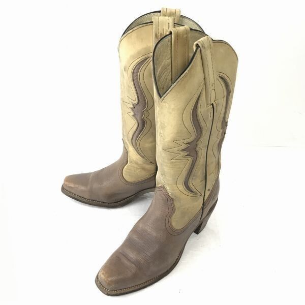 80s-90s ビンテージ FRYE フライ 6.5B 24.0 ベージュ 本革 グッドイヤー製法 ペコスブーツ ウエスタン Vintage boots◆WB31-12