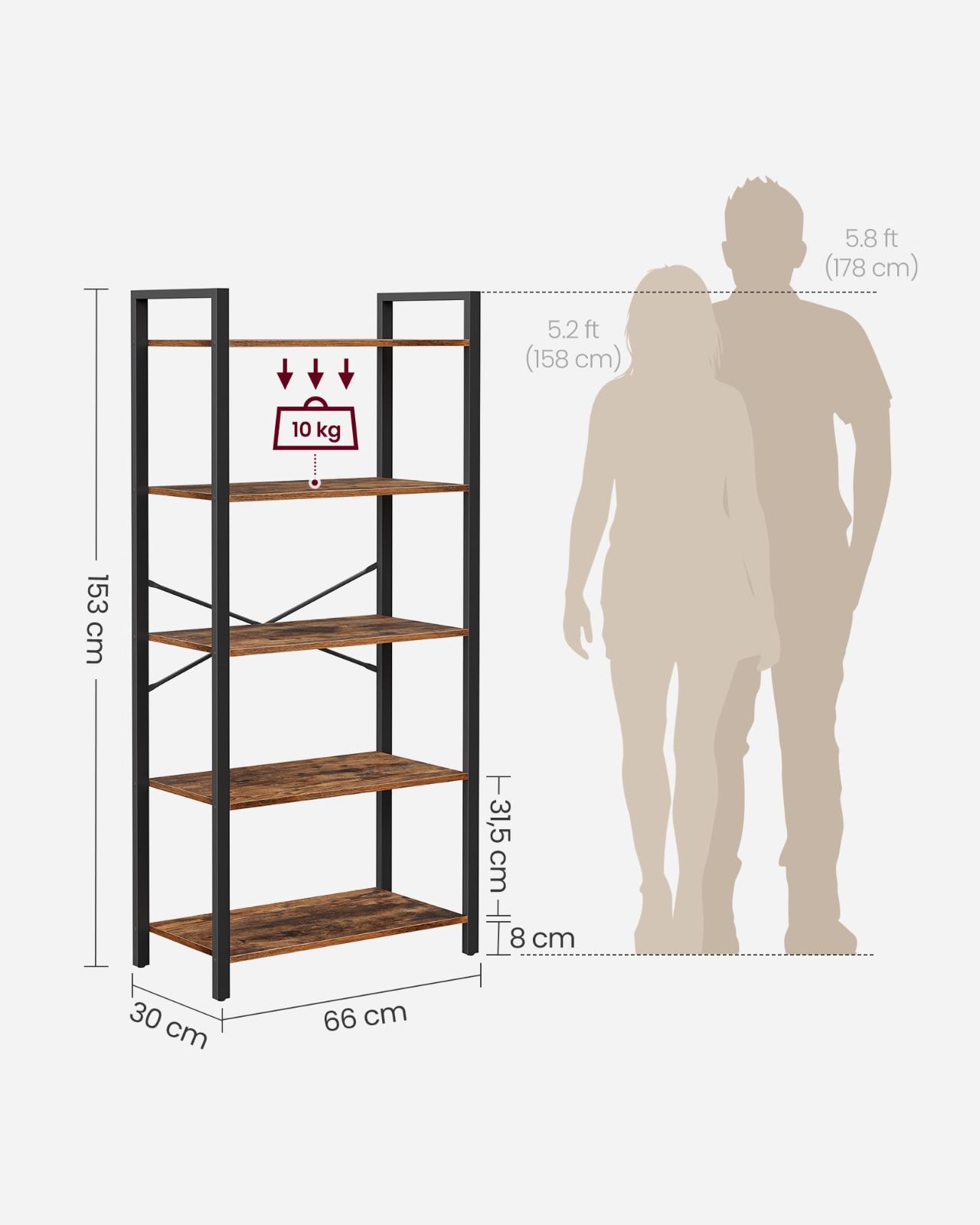 VASAGLEスチールラック オープンラック 5段 収納ラック オープンシェルフ 木目天板 スチール脚 幅66×奥行30×高さ153CM 組立簡単 LLS061B01