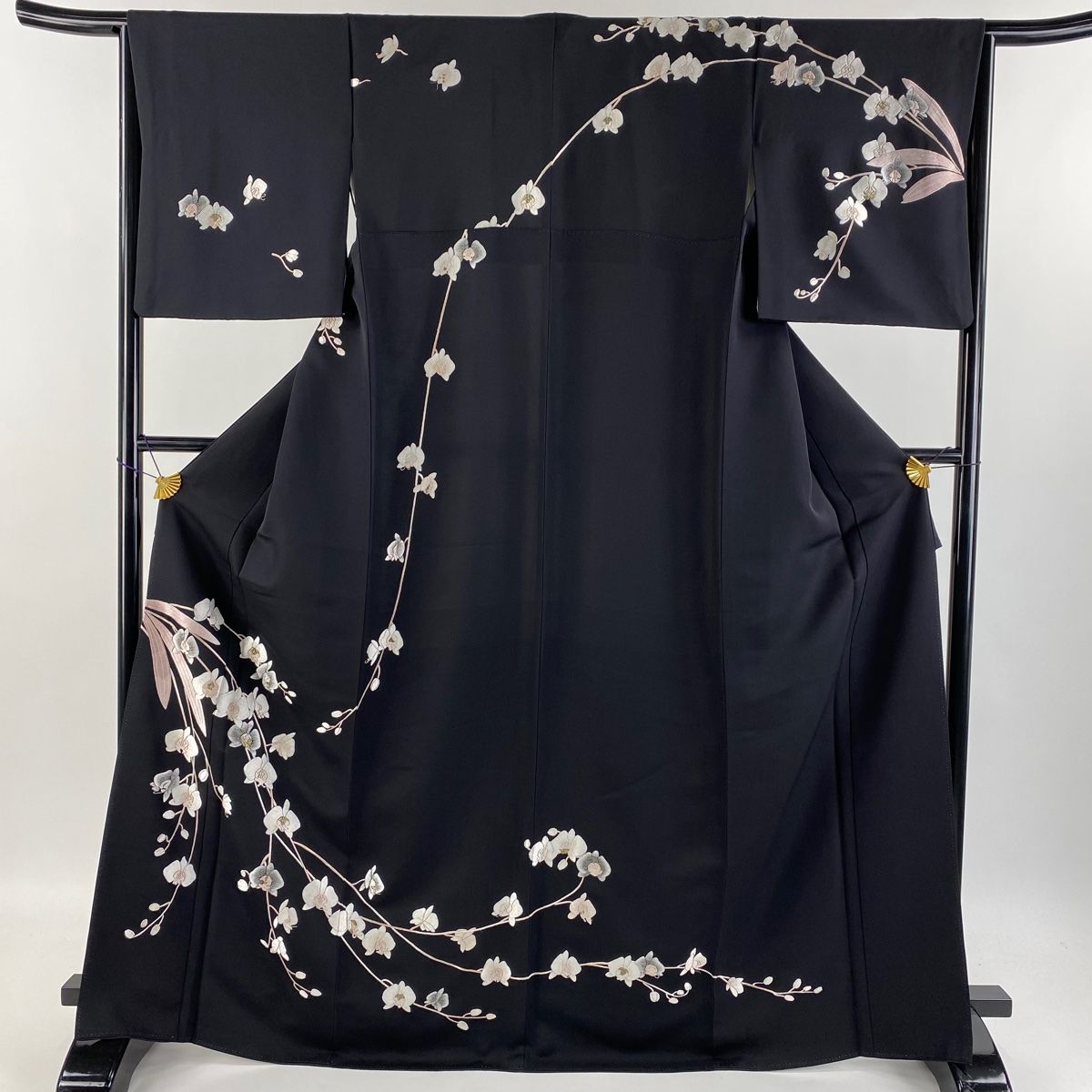 訪問着 身丈167cm 裄丈64.5cm M 袷 胡蝶蘭 刺繍 金糸 黒 正絹 逸品  