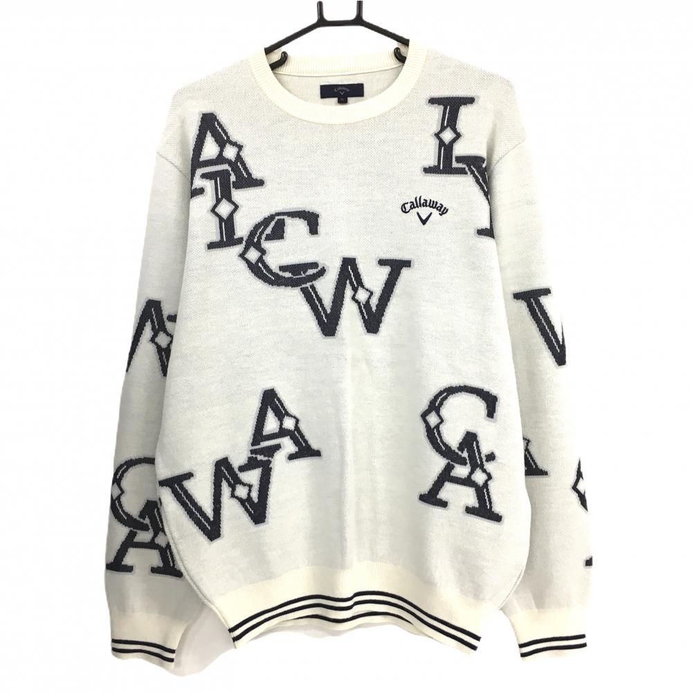 超 キャロウェイ セーター 白×ネイビー 英字柄 ニット ウール混 メンズ LL ゴルフウェア Callaway